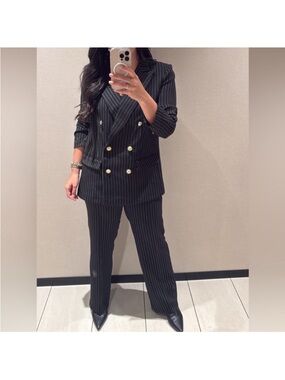 Women's Pinstripe Double-Breasted Blazer and Trousers - Black